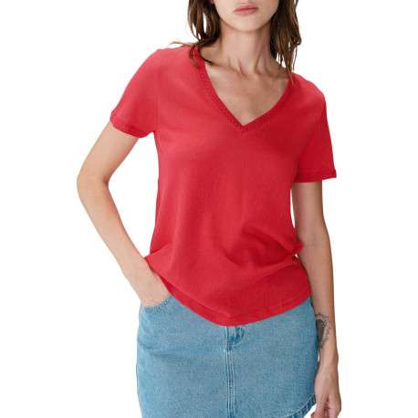 T-shirt en coton mélangé rouge uni pourvu de manches courtes - Image 4