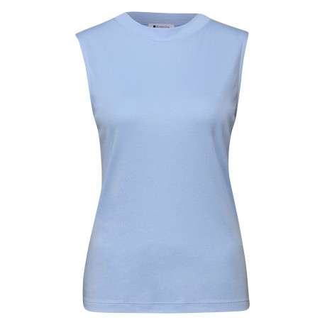 Top bleu uni sans manche pourvu d'une coupe droite et d'un col rond