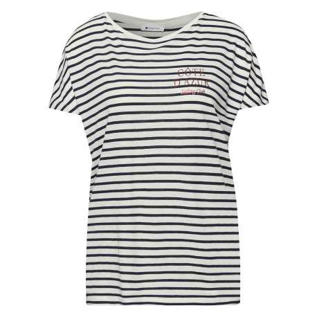 T-shirt blanc à rayures pourvu d'une coupe droite et d'un col rond