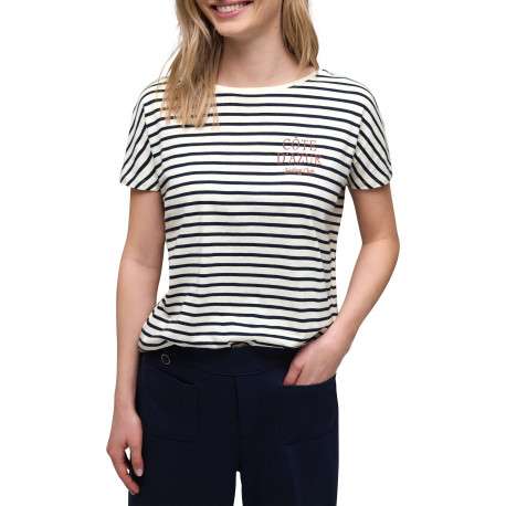 T-shirt blanc à rayures pourvu d'une coupe droite et d'un col rond - Image 3