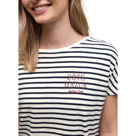 T-shirt blanc à rayures pourvu d'une coupe droite et d'un col rond - Image 6