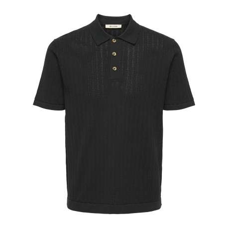 Polo en coton mélangé noir pourvu d'un col boutonnée et de manches courtes