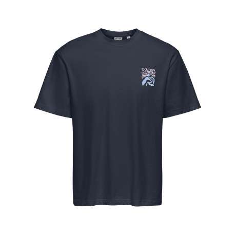T-shirt en coton biologique marine uni pourvu d'un imprimé fleur