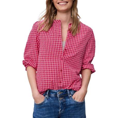 Blouse en coton rouge à carreaux pourvue d'une coupe droite et d'un col rond - Image 3
