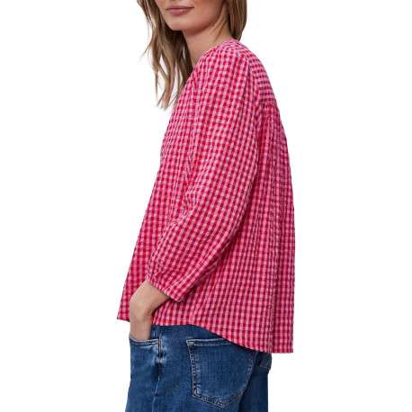 Blouse en coton rouge à carreaux pourvue d'une coupe droite et d'un col rond - Image 4