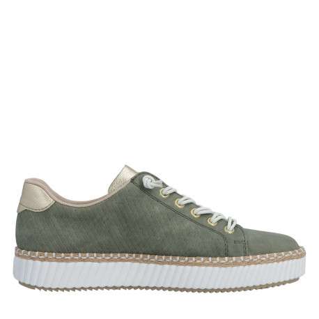 Tennis kaki à talon plat avec des lacets blancs élastiqués et un zip latéral