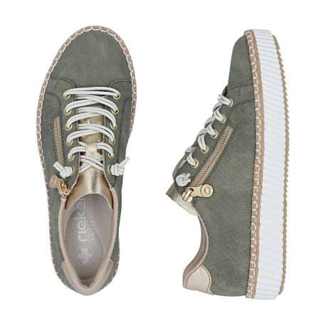 Tennis kaki à talon plat avec des lacets blancs élastiqués et un zip latéral - Image 8