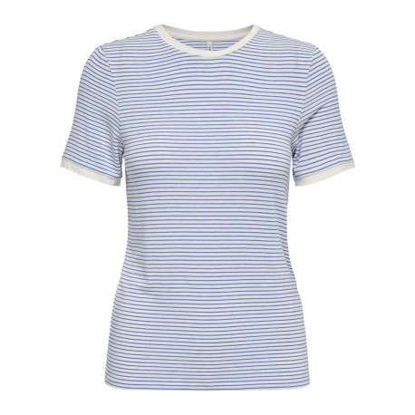 T-shirt bleu à rayures pourvu d'un col rond et de manches courtes