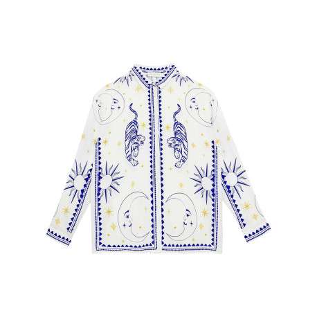 Blouse Chani blanche et bleue à motifs pourvue d'un col français