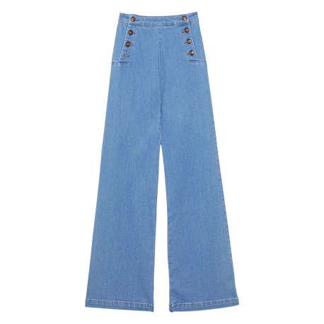 Jean Paulie en coton stone uni pourvu d'une taille haute et d'une coupe droite
