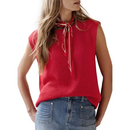 Pull rouge sans manche à coupe droite pourvu d'un col rond épais - Image 4