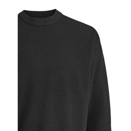 Pull noir uni en maille côtelée avec une coupe droite et un col rond - Image 2