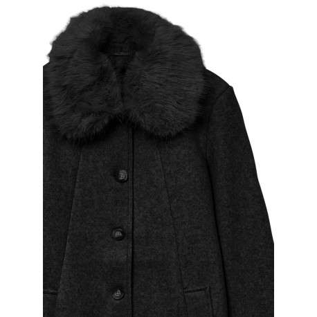 Manteau noir avec un col en fourrure et grande boutonnière à l'avant - Image 2