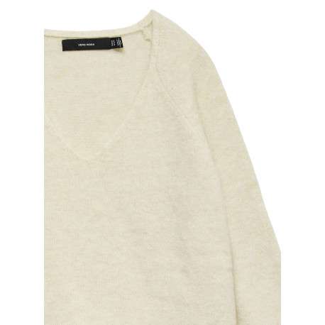 Pull écru uni avec col v et liserés contrastés aux extrémités - Image 2
