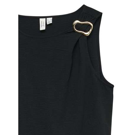T-shirt léger noir uni avec col rond et effet drapé sur une épaule - Image 2