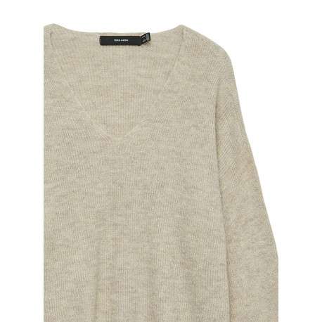 Pull écru uni en maille côtelée avec col v et manches longues - Image 2