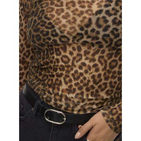 T-shirt léopard en tulle fin avec un col rond et des manches longues - Image 2