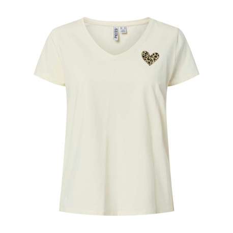 T-shirt en coton biologique écru à coupe droite pourvu d'un col v