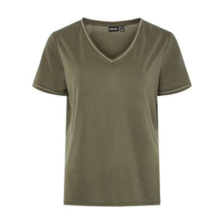 T-shirt kaki à coupe droite pourvu d'un col v et de manches courtes