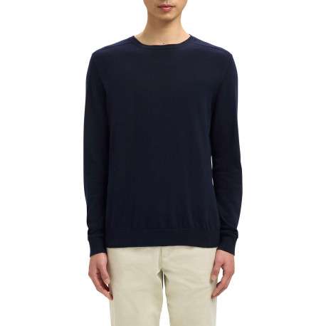 Pull en coton marine uni pourvu d'une coupe droite et d'un col rond - Image 5