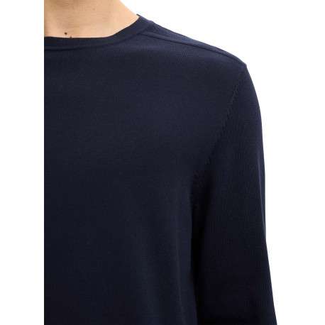 Pull en coton marine uni pourvu d'une coupe droite et d'un col rond - Image 6
