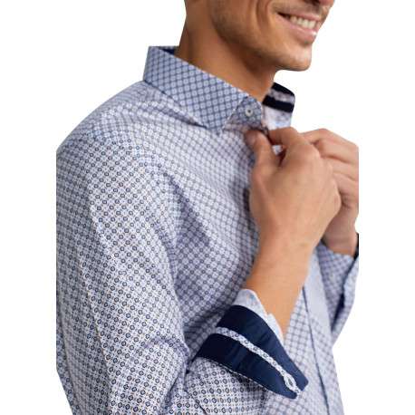 Chemise en coton bleue à motifs pourvue d'une coupe slim et d'un col français - Image 5