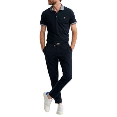 Pantalon jogging en coton mélangé marine uni pourvu d'une coupe droite - Image 3