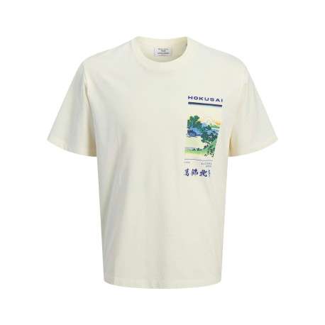 T-shirt en coton écru à coupe droite pourvu d'un col rond côtelé