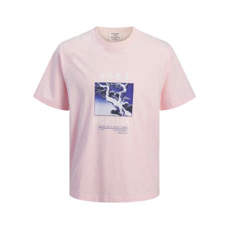 T-shirt en coton rose à coupe droite pourvu d'un col rond côtelé