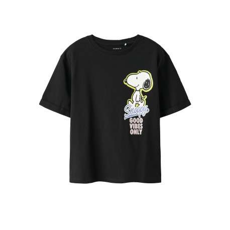 T-shirt noir uni pourvu d'un imprimé snoopy et d'un col rond
