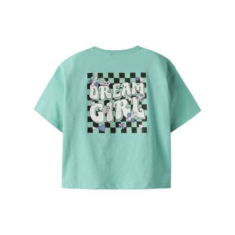 T-shirt en coton biologique turquoise uni pourvu d'imprimés en damier - Image 2