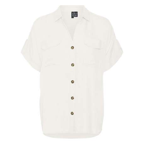 Chemise blanche à coupe droite pourvue d'un col v à revers et de manches courtes