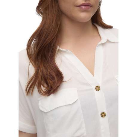 Chemise blanche à coupe droite pourvue d'un col v à revers et de manches courtes - Image 4