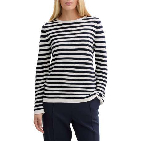 Pull en coton blanc et marine pourvu d'un col rond et de manches longues - Image 3