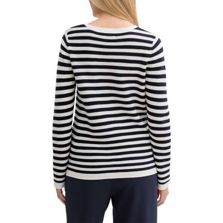 Pull en coton blanc et marine pourvu d'un col rond et de manches longues - Image 4