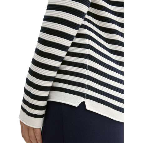 Pull en coton blanc et marine pourvu d'un col rond et de manches longues - Image 5