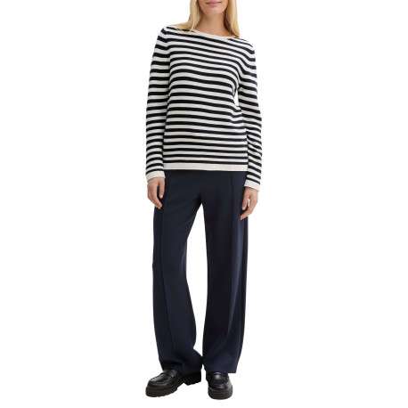 Pull en coton blanc et marine pourvu d'un col rond et de manches longues - Image 6