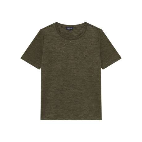 T-shirt kaki à coupe droite pourvu d'un col rond et de manches courtes