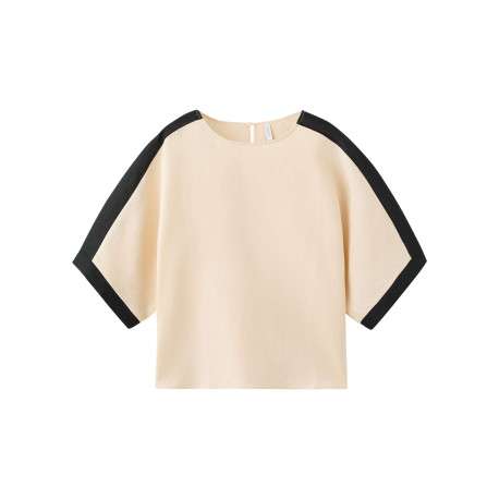 Top en lin beige uni pourvu d'une coupe droite et de manches longues