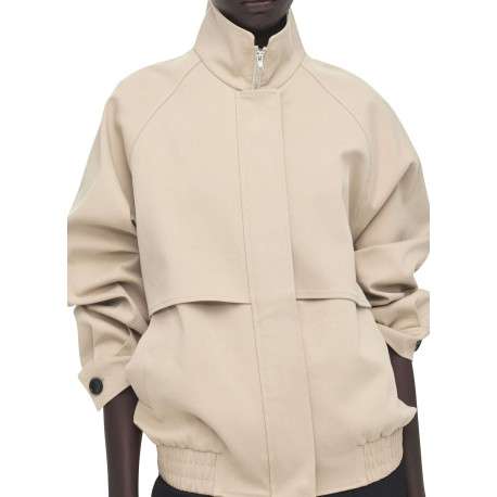 Blouson en coton beige uni pourvu d'une coupe droite et d'un col montant - Image 4