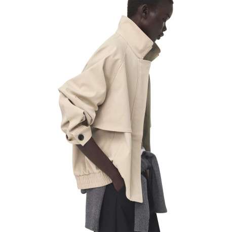 Blouson en coton beige uni pourvu d'une coupe droite et d'un col montant - Image 5