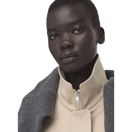 Blouson en coton beige uni pourvu d'une coupe droite et d'un col montant - Image 6