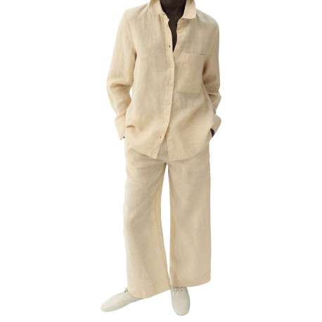 Pantalon chino en lin beige uni pourvu d'une coupe large et d'une taille haute