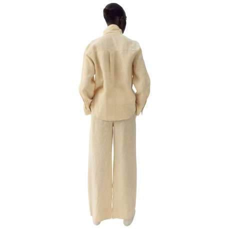 Pantalon chino en lin beige uni pourvu d'une coupe large et d'une taille haute - Image 2