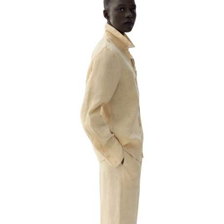 Pantalon chino en lin beige uni pourvu d'une coupe large et d'une taille haute - Image 5