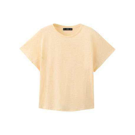 T-shirt en lin jaune uni pourvu d'une coupe droite et d'un col rond