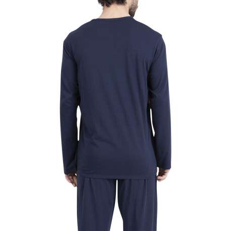 Pyjama long en coton marine uni pourvu d'une coupe droite et d'un col tunisien - Image 2