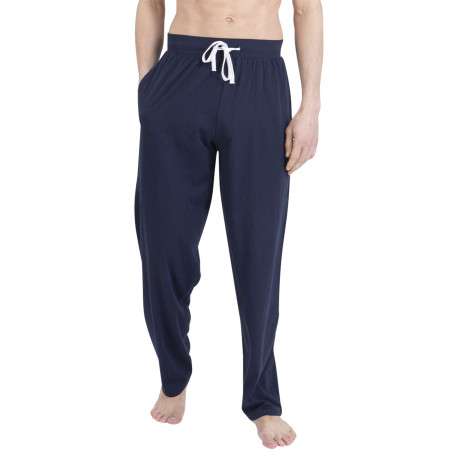 Pyjama long en coton marine uni pourvu d'une coupe droite et d'un col tunisien - Image 3