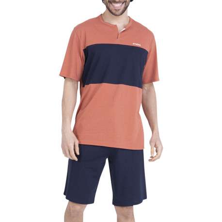 Pyjama court en coton orange uni pourvu d'une coupe droite et d'un col tunisien