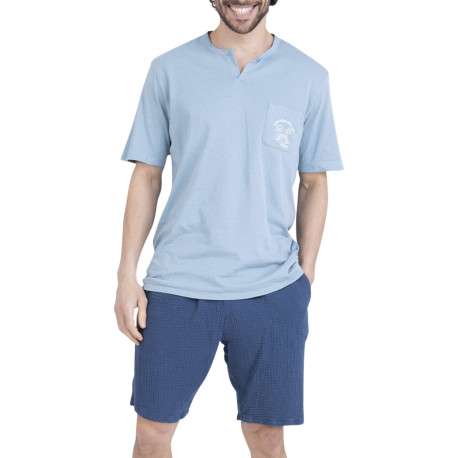 Pyjama court en coton bleu uni pourvu d'une coupe droite et d'un col tunisien